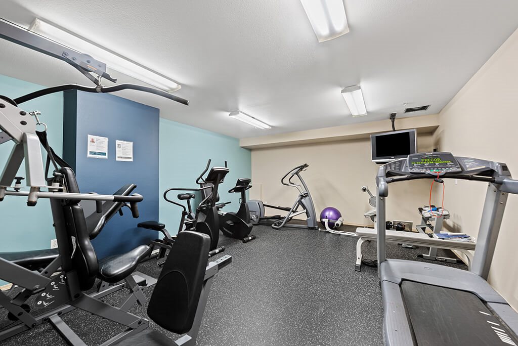 A gym with a treadmill, exercise bike, and other equipment.